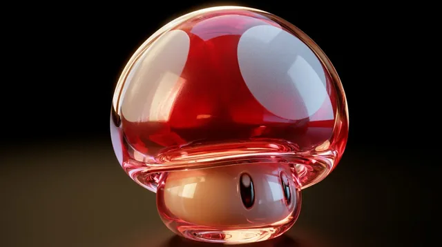 A hyper-realistic 3D render of a transparent glass iconic pop culture object, illuminated by dramatic lighting against a dark background.