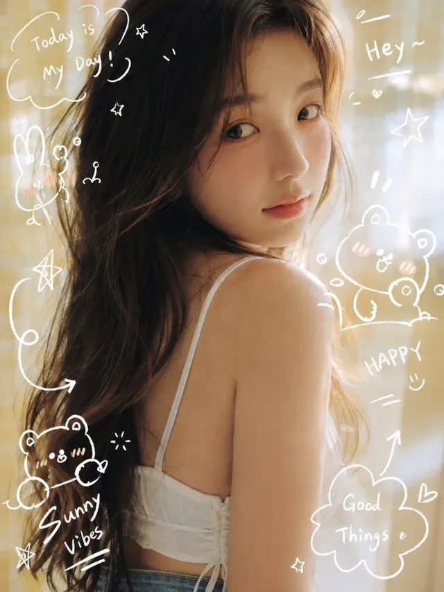 A young East Asian woman with natural curly hair smiles playfully, holding a tomato in a sunlit living room filled with white hand-drawn doodles and English text like 'SUMMER MOOD'.