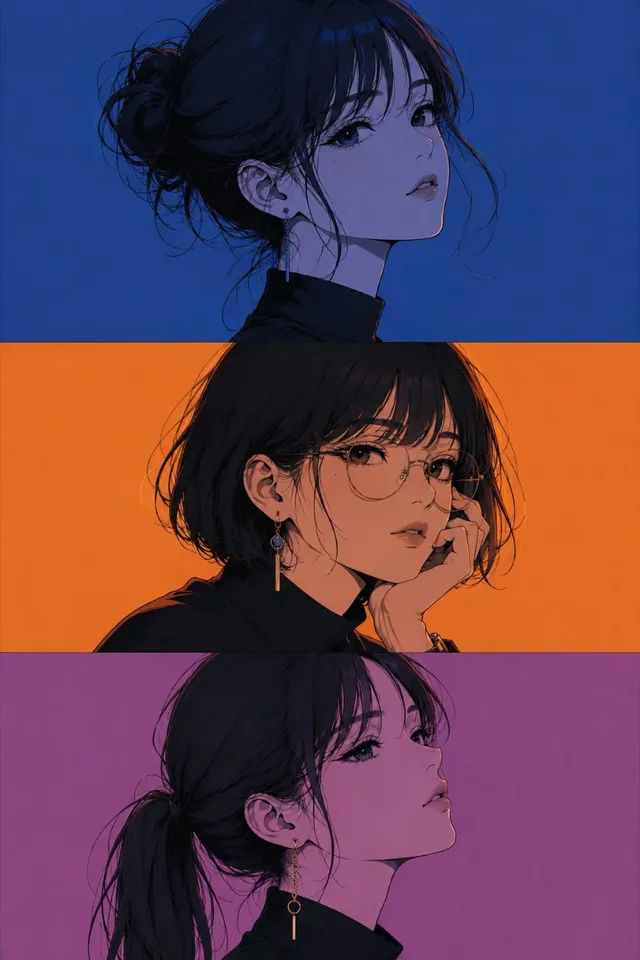 Three-panel vertical anime portrait of a girl, each panel showing different hairstyle, glasses, pose, and expression, with monochrome color themes and clean line art.