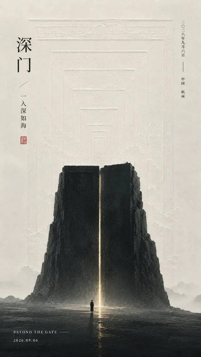 A 9:16 vertical oriental art poster with a large amount of white space, a textured central object, subtle relief patterns, and a single focus of colored light, evoking a sense of poetry and scale.