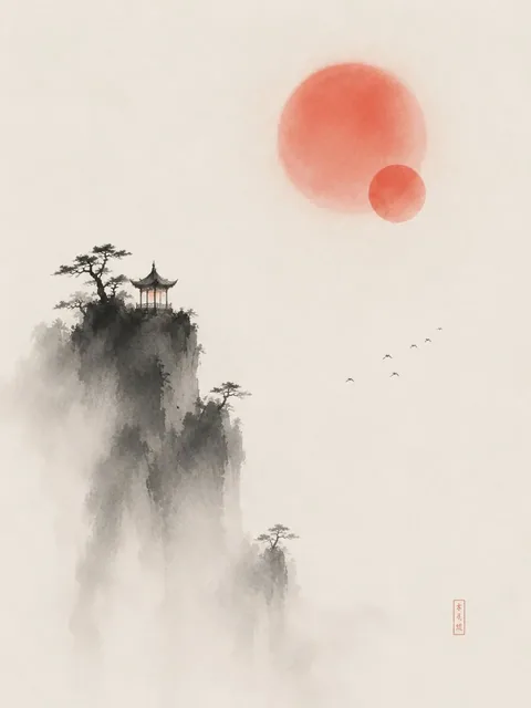 A minimalist Chinese ink wash painting poster featuring a lone cliff, ancient pavilion, pine shadows, and two red suns in a misty sky.