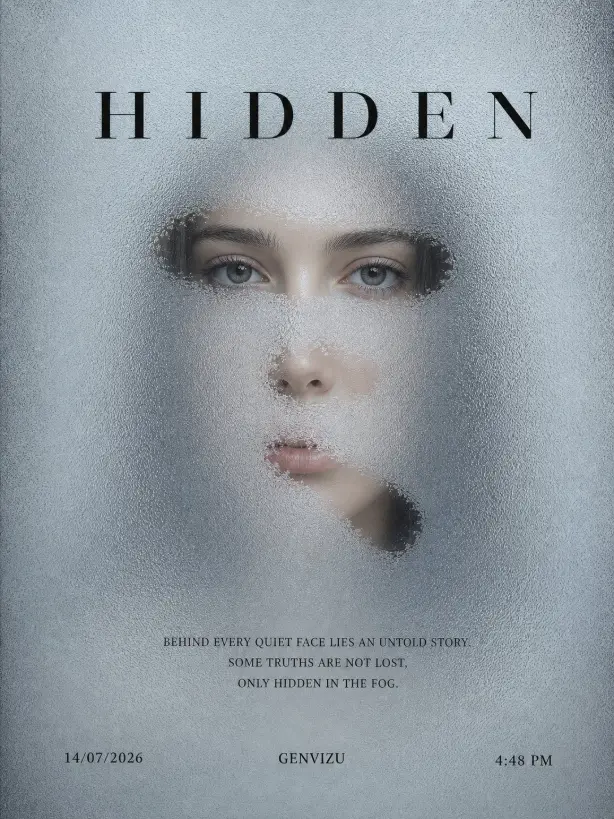 A vertical poster with a young woman's face partially obscured by frosted, textured glass. Light shines through three irregular transparent areas, revealing her eyes, nose, and mouth. The title 'HIDDEN' is in large black serif font at the top.