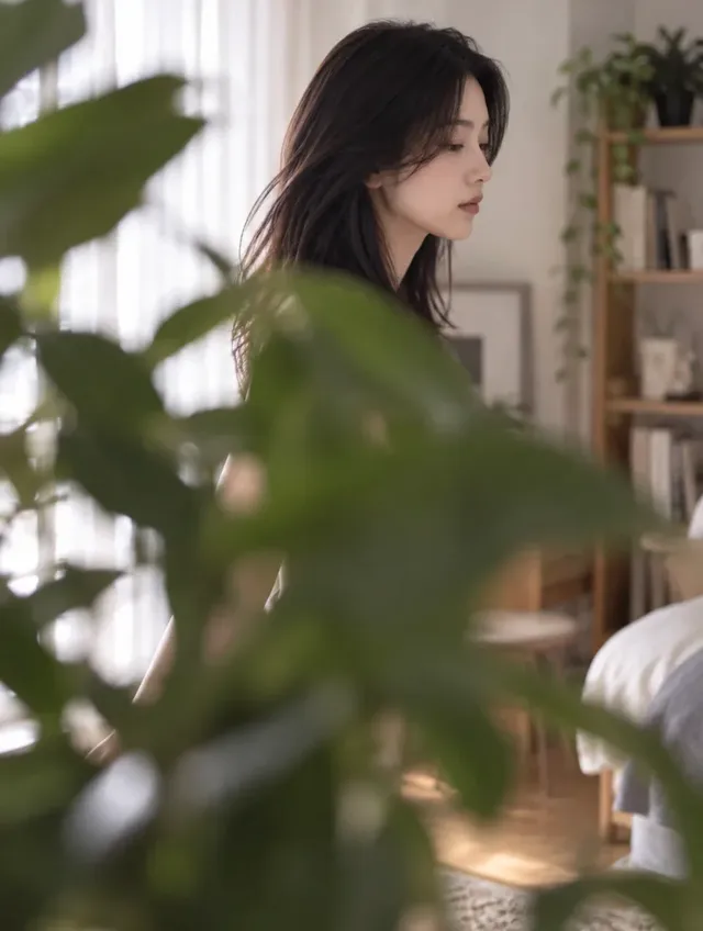 Side profile of a woman walking in her room, partially obscured by out-of-focus houseplant leaves in the foreground.
