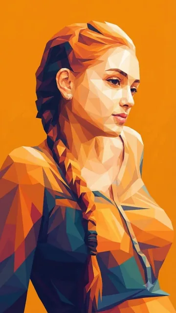 A detailed low-poly geometric portrait of a person, predominantly in warm orange and yellow hues, with sharp edges and strong contrast from directional lighting.