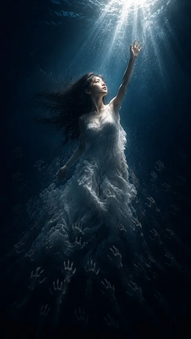 A woman in a white dress sinks in dark water, reaching for a single beam of light from above, with pale hands emerging from the abyss below.