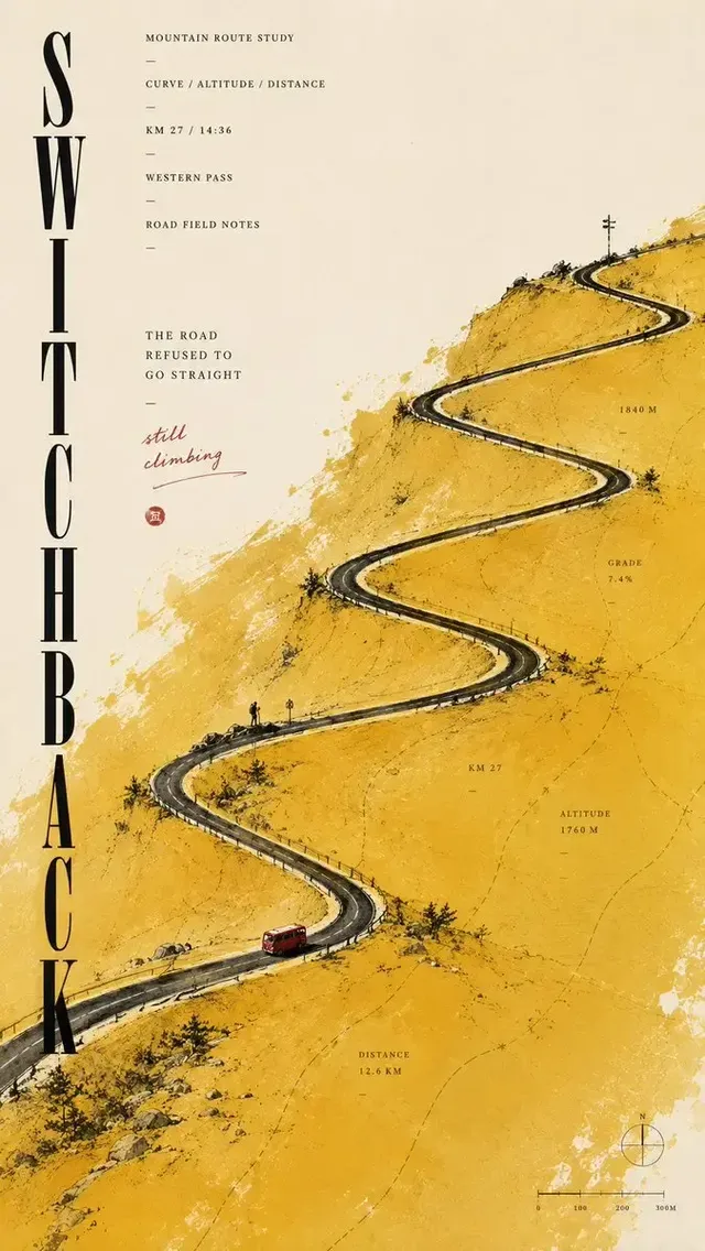Minimalist editorial poster with a large abstract color field, a small landscape scene, and clean typography on textured ivory paper.