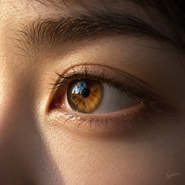 Extreme macro photography of a single East Asian eye with amber-gold iris and warm side lighting, showing realistic skin texture and eyelashes.
