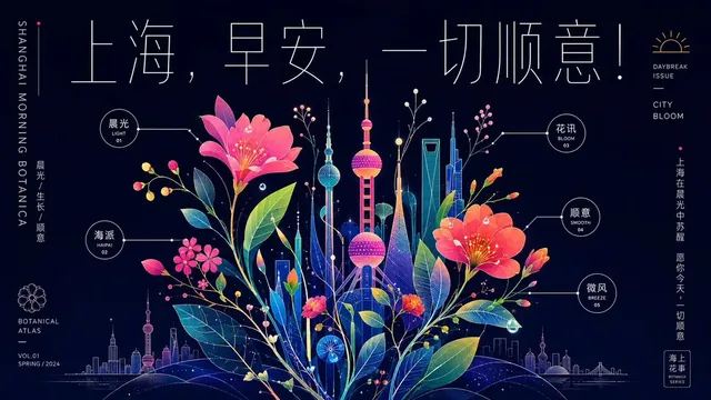 A dark background poster featuring delicate, glowing vector plant stems, leaves, and flowers with clean lines and flat color blocks, interspersed with fine typography.