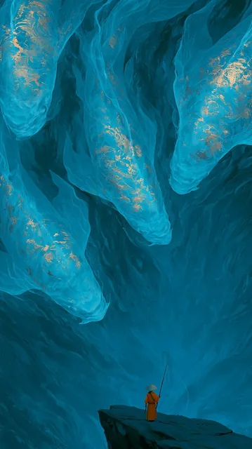 Top-down view of a tiny figure in an orange robe and conical hat fishing on a rock in a vast, deep cyan ocean, with three giant, luminous blue koi-sharks swimming above.