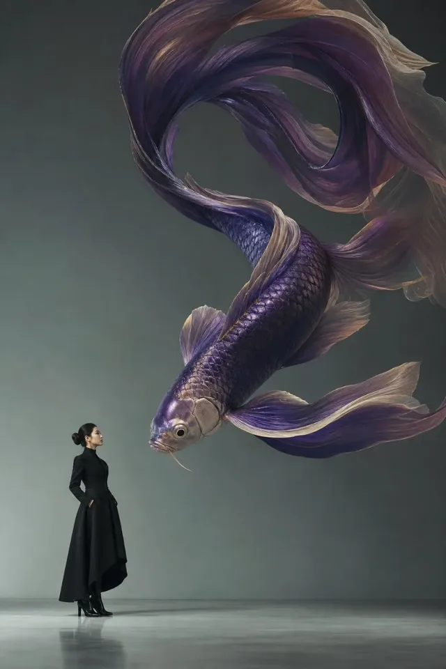 A person stands in the lower-left of a minimalist studio, calmly posing before a massive, intricately detailed ornamental fish that curves dramatically across the upper right of the frame.