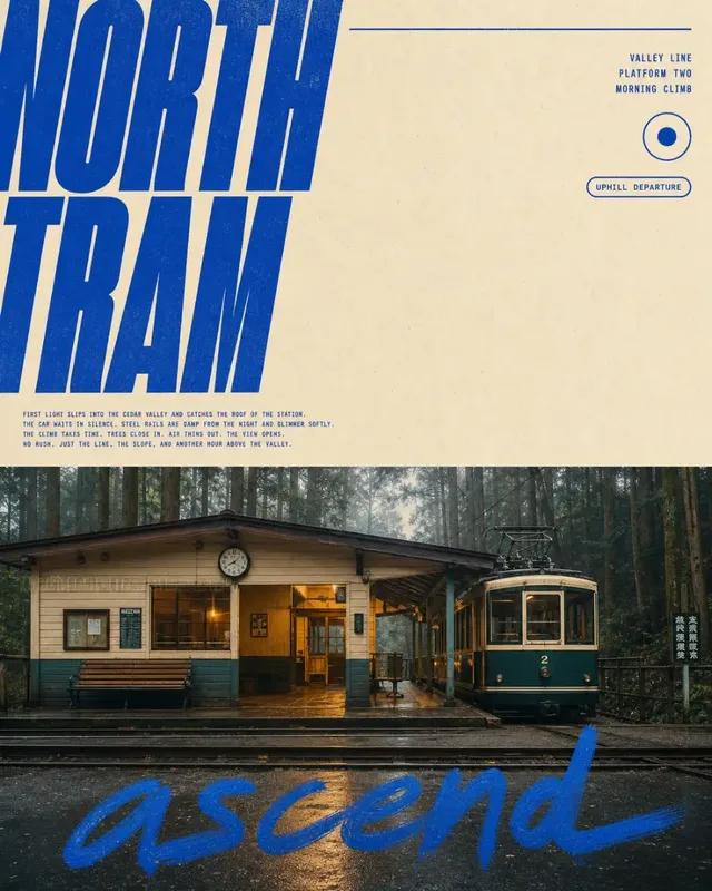 Editorial poster with split layout: cream text field above, forest tram photograph below. Bold cobalt 'NORTH TRAM' text and 'ascend' painted word.