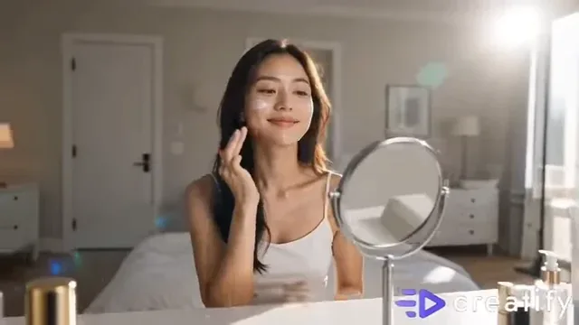 A young lifestyle influencer smiling while applying sunscreen in a bright, minimalist bedroom during her morning routine.