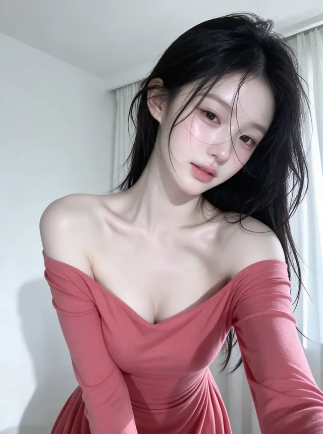 Close-up indoor selfie of a 20-year-old girl with glowing skin, messy dark hair, and a pink dress against a white wall.