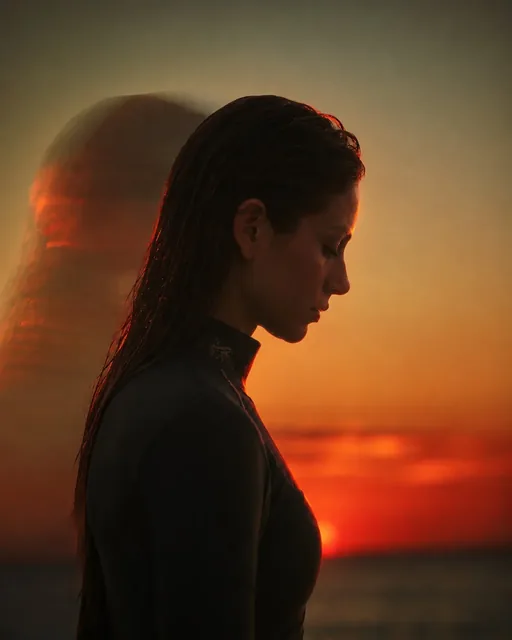 A dark silhouette of a person in profile with a faint ghost-like duplicate behind them, against a warm sunset gradient.