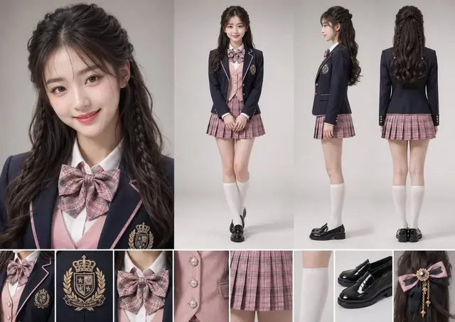 Full body character design sheet of an 18-year-old Eastern academy girl, featuring front, side, and back views, a close-up portrait, and uniform detail close-ups, set against a clean gradient background.