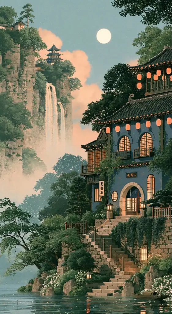 A traditional blue Chinese building with glowing lanterns sits on a cliffside next to a waterfall, under a full moon, in a watercolor painting style.