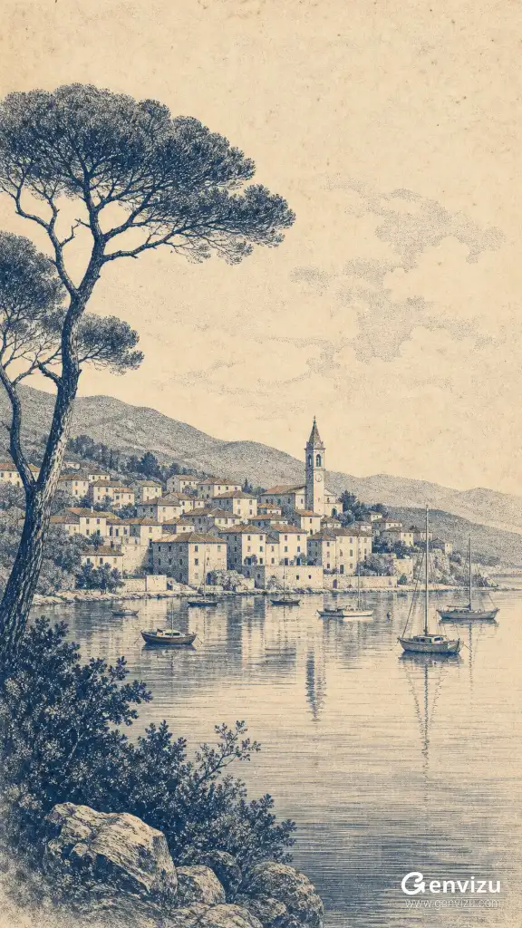 Monochromatic lithograph of a Mediterranean harbor town on aged paper, featuring tightly packed houses, a clock tower, and calm water with boats, framed by pine branches.