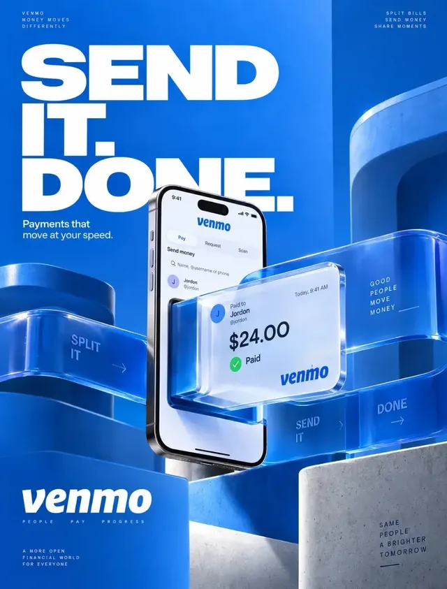 A Venmo payment card emerges from a smartphone screen, surrounded by smooth cobalt-blue dimensional forms, with bold white typography reading 'SEND IT. DONE.'