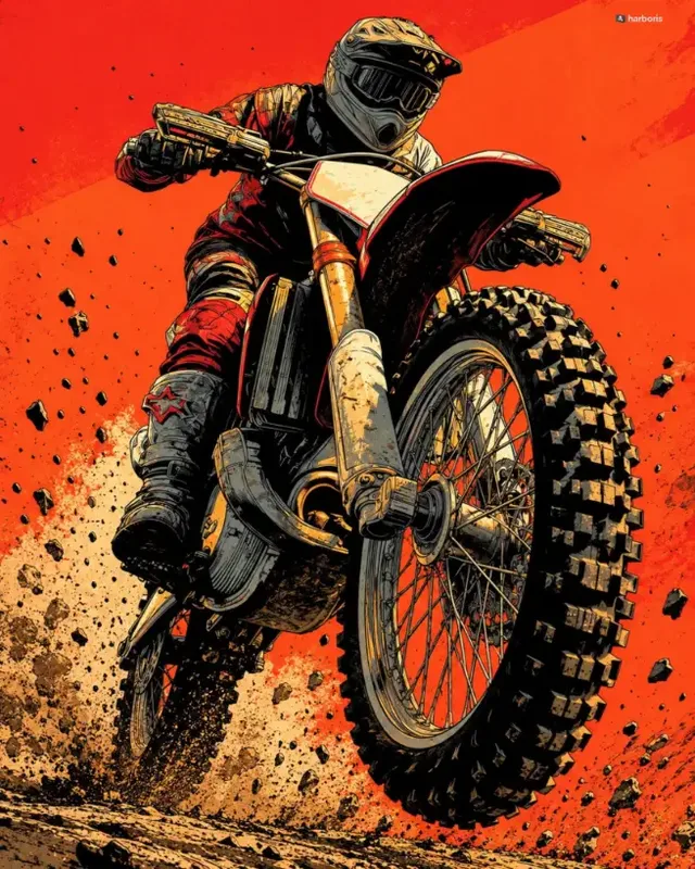An editorial comic-book style illustration of a motocross rider performing a wheelie toward the camera, featuring bold black ink outlines and a red-orange palette.