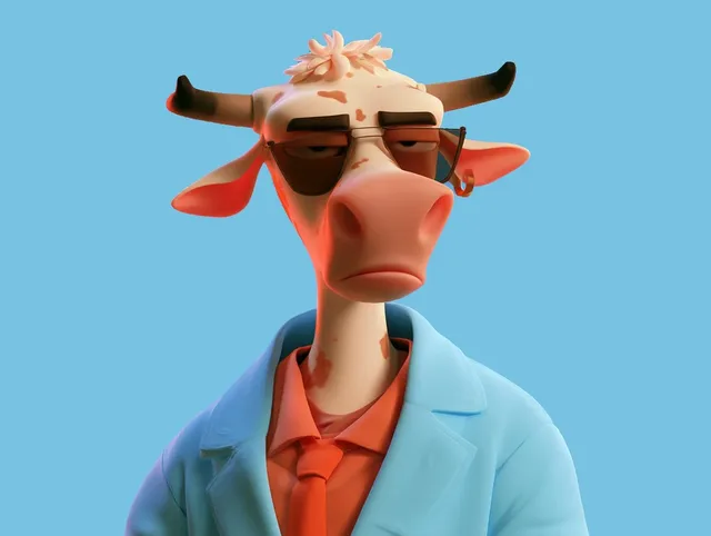 A stylized 3D render of an anthropomorphic cow character in a blue jacket and sunglasses against a solid blue background.