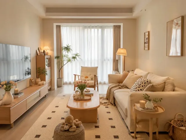 A cozy, light-filled living room with creamy white walls, a comfortable sofa, soft furnishings, and natural wood accents, evoking a warm and lived-in atmosphere.