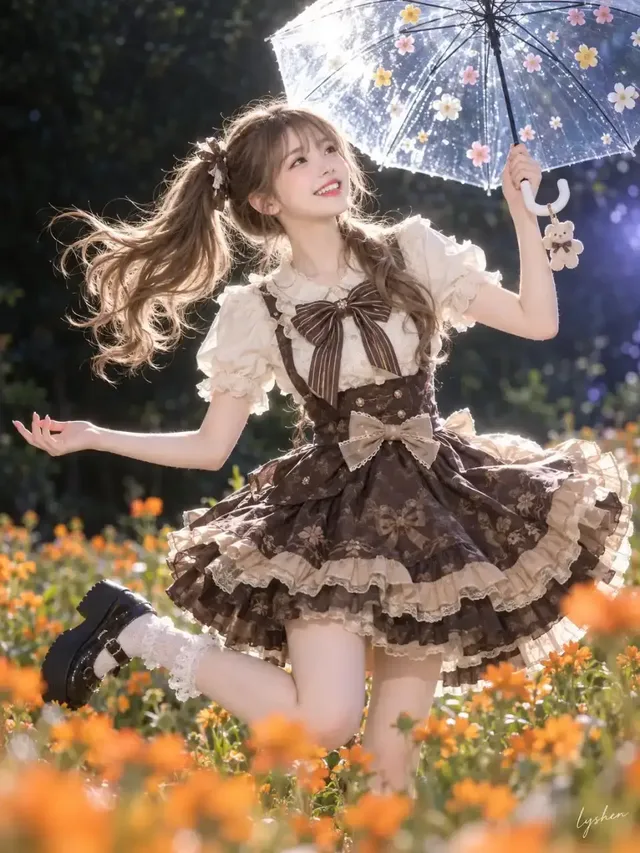 A dynamic portrait of a young East Asian woman holding a transparent umbrella, surrounded by orange flowers with a dark background.