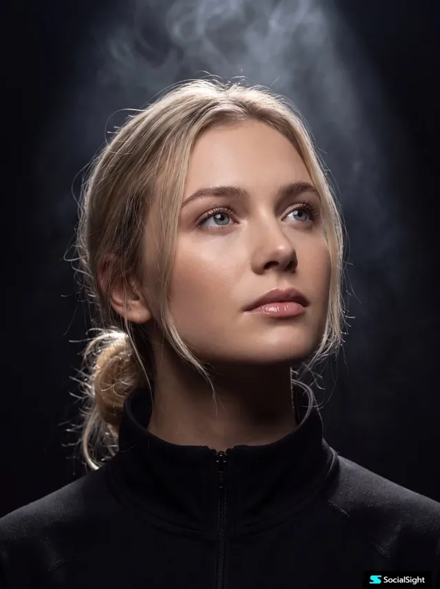 Ultra-realistic cinematic beauty portrait of a young woman looking upward with a calm, contemplative expression, soft blonde hair, glowing skin, and detailed blue-gray eyes, lit by dramatic overhead spotlight.