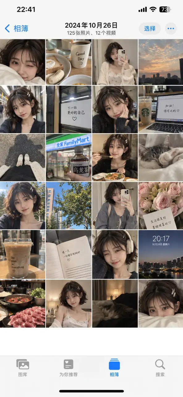 A screenshot of an iPhone's photo gallery app, displaying a grid of realistic, everyday photos as if captured throughout a single day.