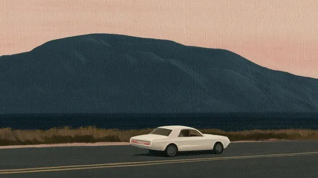 A white vintage car driving on a two-lane road with yellow lines, heading towards a large, dark blue mountain under a pale pink sky. The style is a painting with visible brushstrokes and a muted color palette.