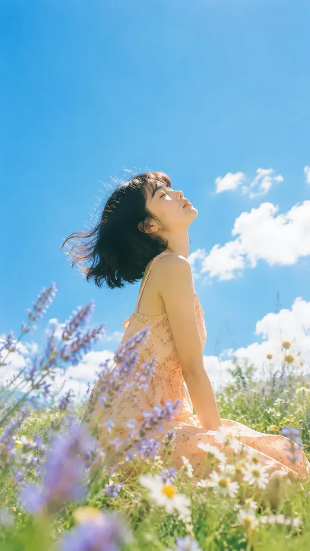 Vertical photorealistic summer portrait of a young East Asian woman with short dark hair blowing in the wind, fair skin, slim figure, and a soft natural expression. She wears light flowing summer clothing in soft bright tones. The shot is low-angle, featuring a big vivid blue summer sky with clean white clouds and bright natural sunlight, creating an airy, film-like feeling.