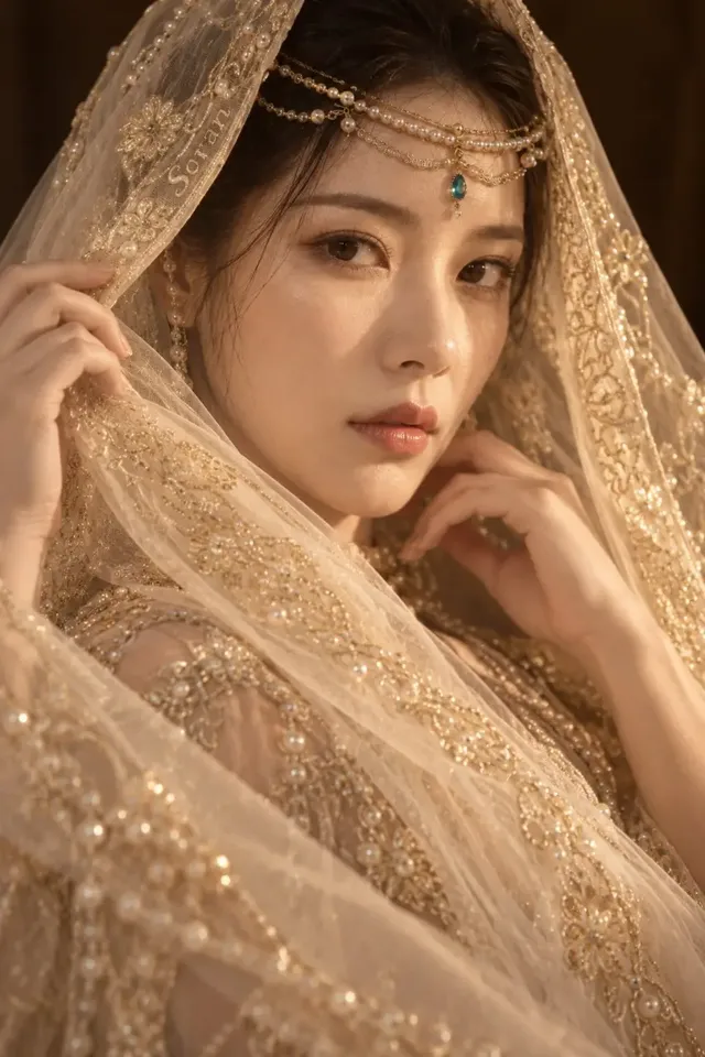 Close-up portrait of an East Asian woman with a three-quarters profile, looking towards the camera with a gentle gaze. She wears a sheer, ivory veil with pearl and gold embroidery, illuminated by warm side lighting. A small blue-green gem is centered on her forehead.
