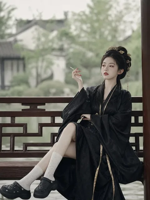 A young woman with black hair in an updo, wearing a black robe and golden hair accessories, sits on a wooden railing in a misty green garden, holding a cigarette with red nails.