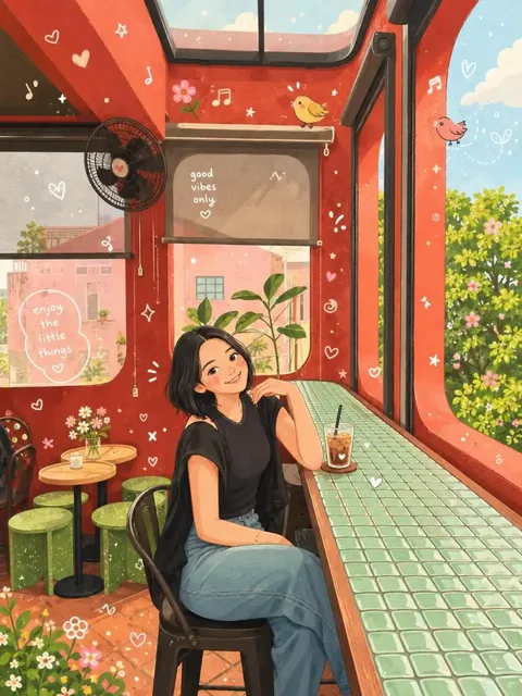 Whimsical storybook illustration of a person in a cozy, sunlit cafe with plants and decorative elements.