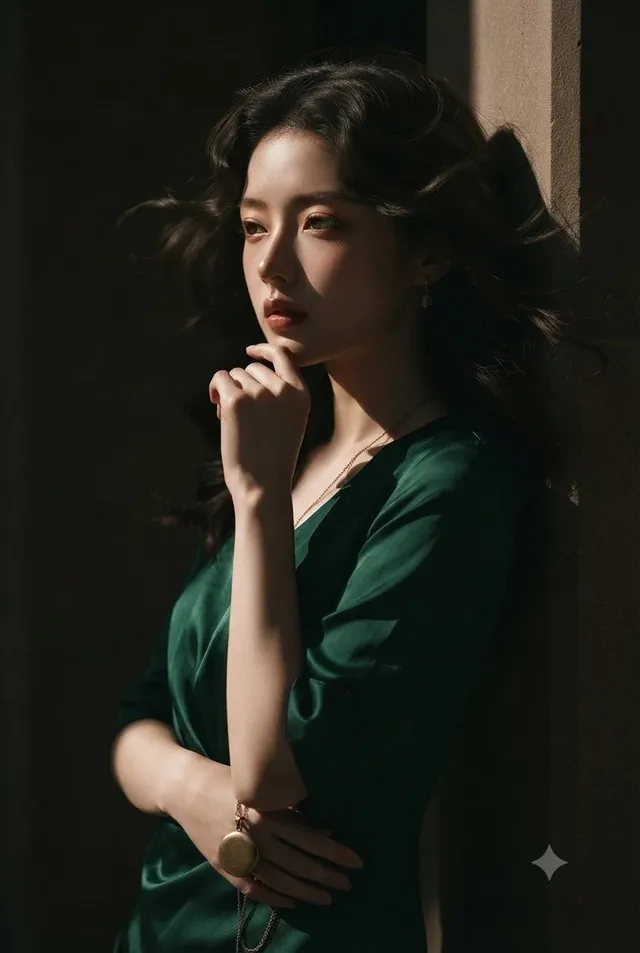 East Asian woman with dark wavy hair in an emerald green silk dress, posed elegantly against a dark wall with dramatic side lighting creating deep shadows and high contrast.