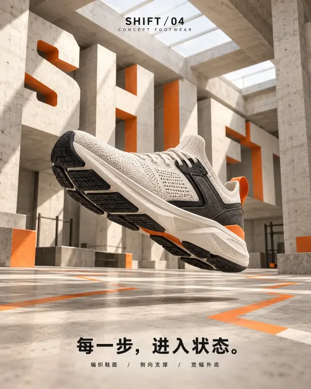 Modern athletic footwear concept poster with a detailed running shoe as the main visual against a professional sports scene background.
