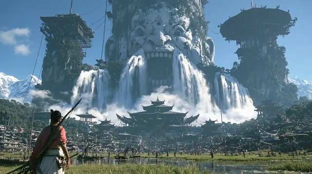 A solitary figure in a red cloak stands before a towering, rocky boss monster with waterfalls, set against a backdrop of snowy mountains and a blue sky.