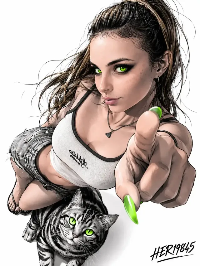 Anime illustration close-up of a girl with neon green eyes and nails, pointing, with a silver tabby cat with neon green eyes below her. White background.