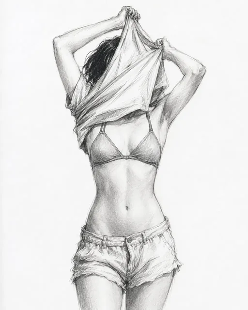 Black and white pencil sketch of a woman lifting her shirt over her face, showing fabric folds and a relaxed pose.