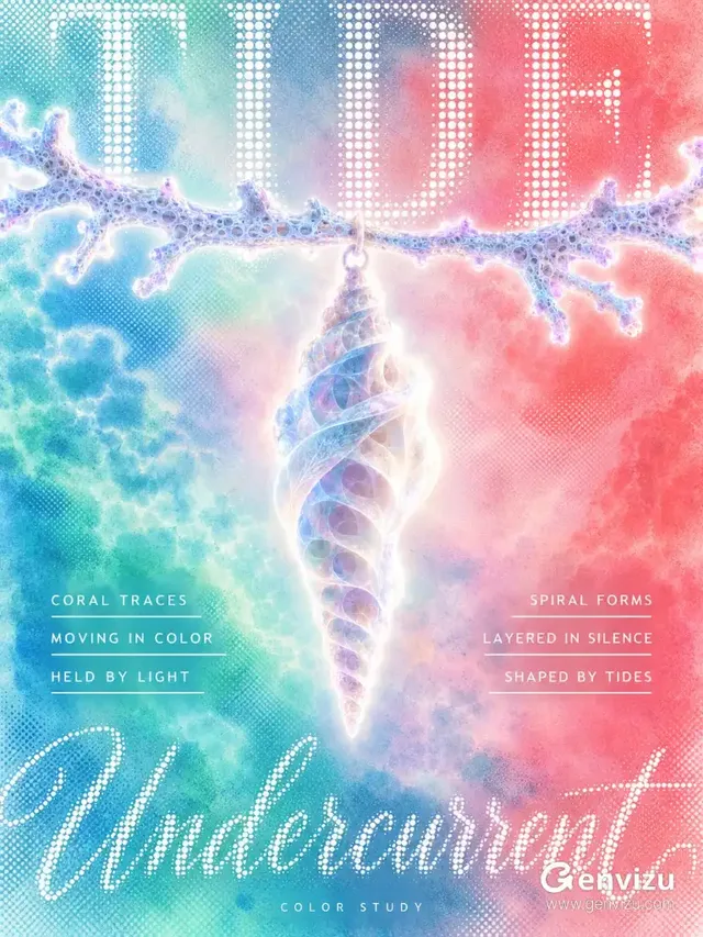 Experimental flat poster with a coral branch, glowing spiral seashell, airbrush gradient background, and white typographic elements.