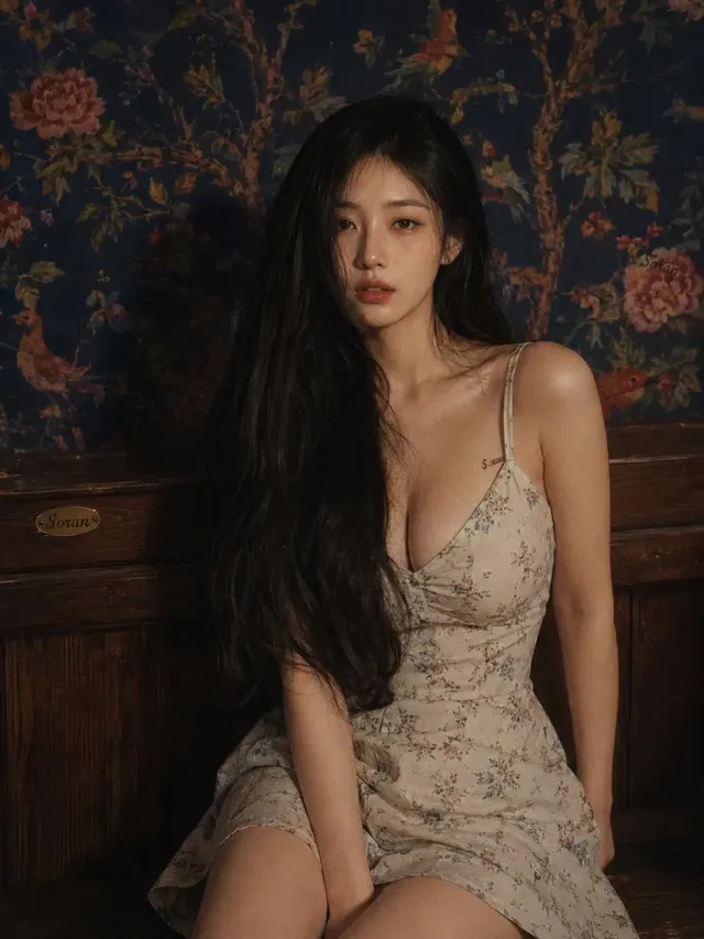 A woman with long dark hair wearing a cream floral slip dress sits against a vibrant blue and green floral wallpaper, her dark hair creating a silhouette.