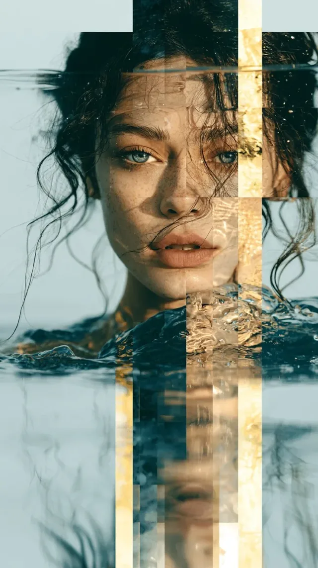 A surreal fashion portrait of a woman with wet hair, sliced into strips and detailed with gold leaf against soft sea blues.