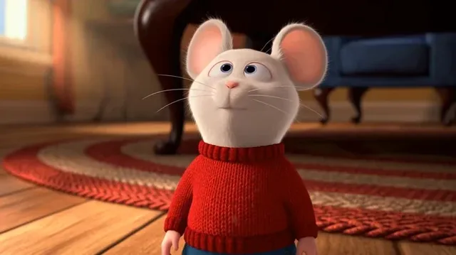 3D animation of Stuart Little, a small mouse, looking up at Snowbell, a smug white cat sitting on a couch, during their first encounter in the living room.