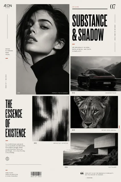 Avant-garde graphic design poster page with asymmetrical grid, diverse image blocks, bold title, and minimalist logo.