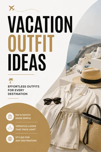 Minimalist e-book cover for 'Vacation Outfit Ideas' with clean typography and stylized clothing elements.