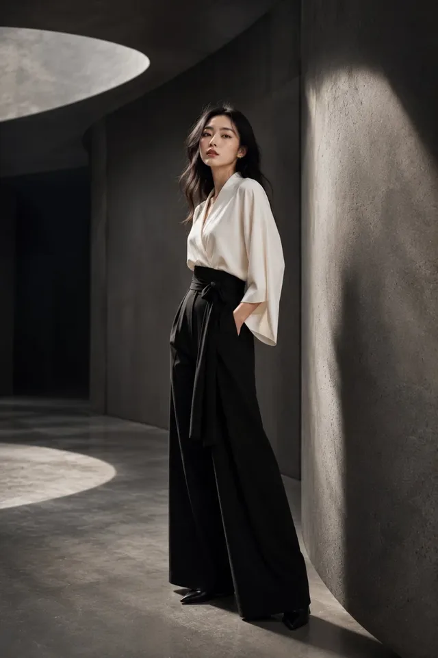 A young Japanese woman stands confidently in a minimalist concrete studio, wearing an elegant ivory and black designer outfit. Soft cinematic lighting highlights her form against curved walls, creating a luxurious fashion editorial aesthetic.