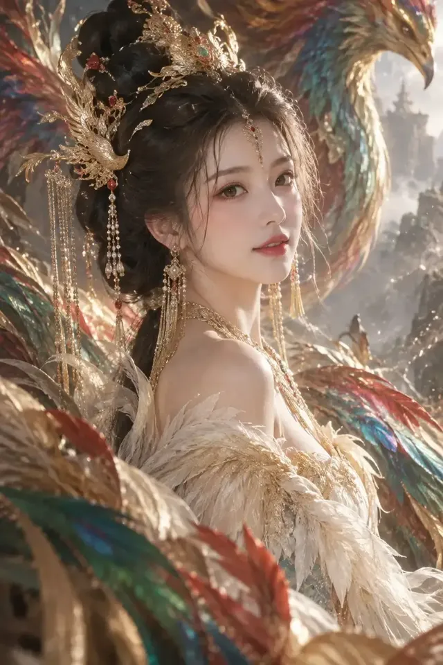 Cinematic bust portrait of an ancient Chinese phoenix goddess with intricate golden hair ornaments and iridescent plumage in a misty atmosphere.
