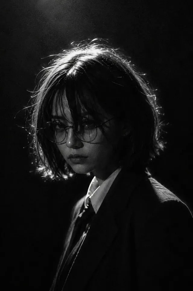 Ultra-realistic black and white studio portrait of a man in a suit, with dramatic low-key lighting creating a rim light and deep shadows, heavy film grain, and a serious expression.