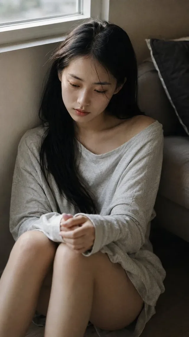 Close-up portrait of a young East Asian woman sitting by a window, looking down at her hands, wearing an oversized grey shirt, with soft, diffused afternoon light and subtle film grain.