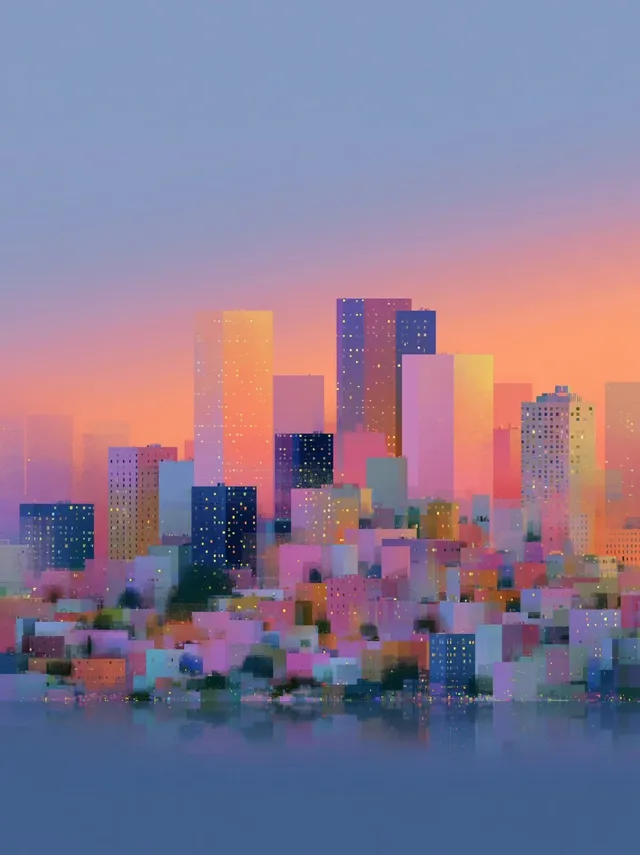 A stylized digital painting of a city skyline at sunset, rendered in soft pastel colors with illuminated windows, reflecting in the water below.