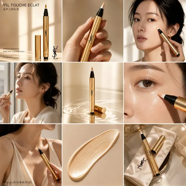 A 3x3 grid showcasing YSL Touche Eclat makeup, featuring a mature Asian model, product shots, and texture details in soft morning light with a luxury, bare-skin aesthetic.